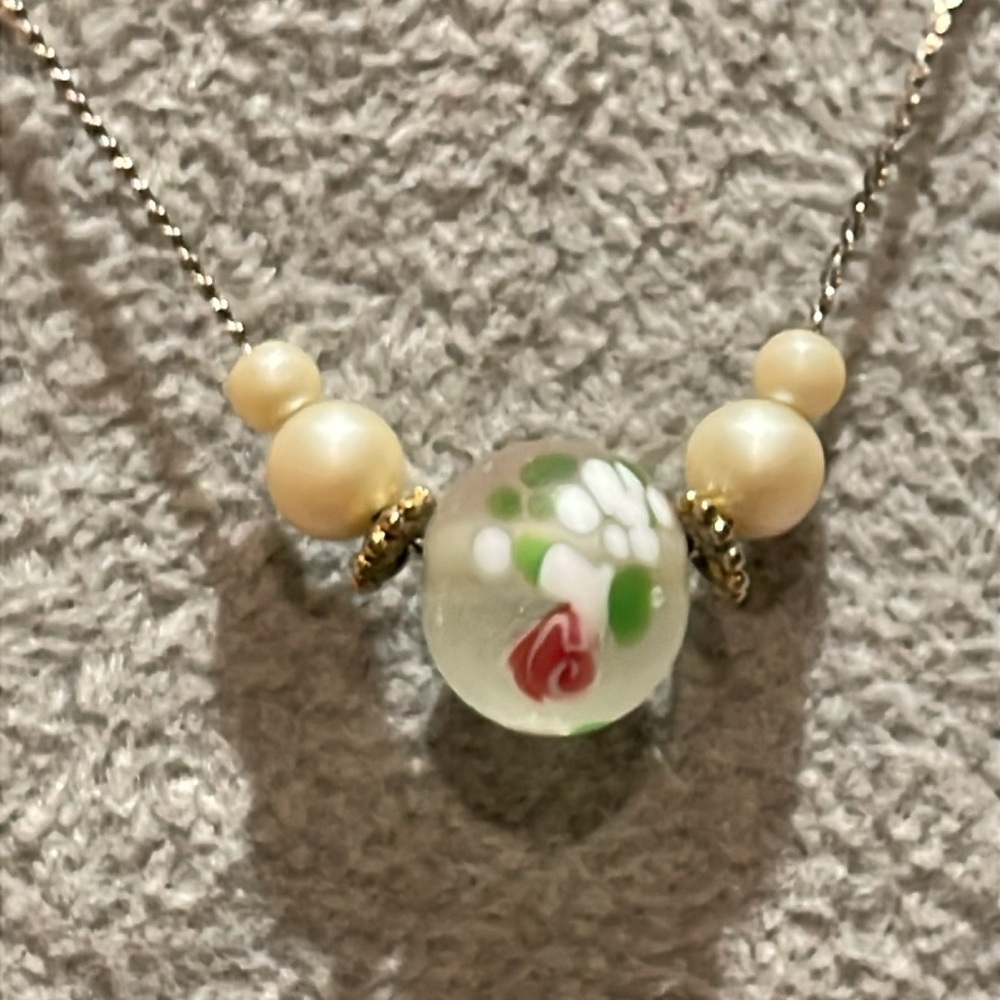 1928 Dainty Pearl & Glass Beaded Floral Pendant Necklace Vintage Style 16”